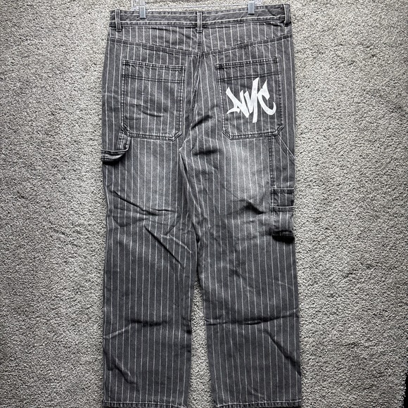 Bershka Jeans Mens 36x32 Black Striped NYC 90s Carpenter Baggy JNCO Wide Leg VTG